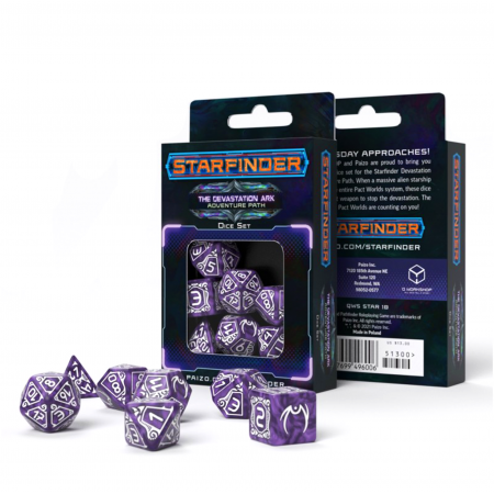 Starfinder Devastation Ark kauliukų rinkinys (violetinės ir baltos sp.)